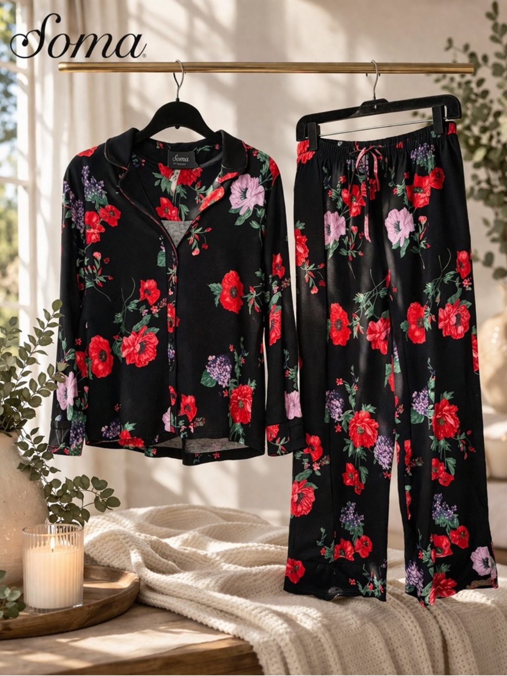 Soma Cool Nights Pajama Set Floral Black Size M Soft Drawstring Pants Pockets